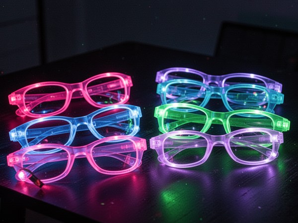LED light-up glasses in neon colors arranged on pink background