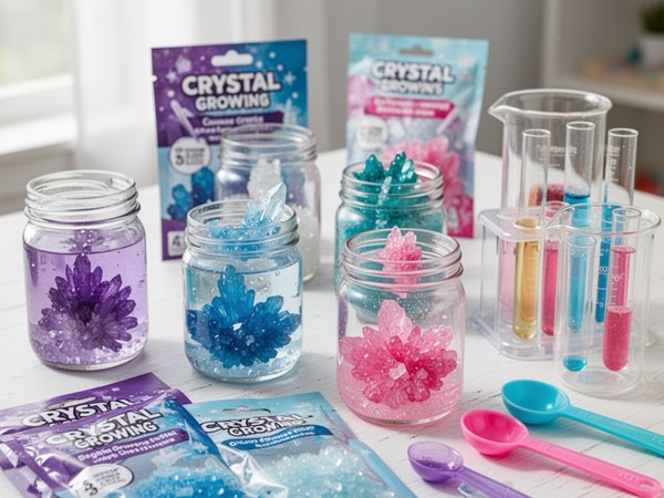 Pack of mini crystal growing kits in individual boxes for party favors
