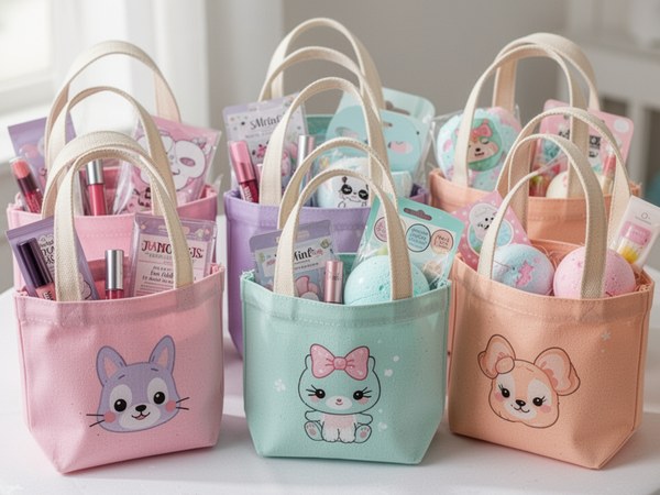 Mini pastel tote bags in five colors arranged in a row for spa party favors