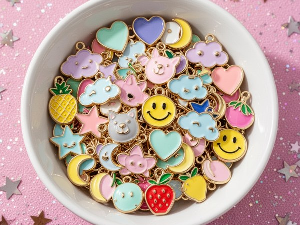 Assorted colorful enamel charm pendants spread across a surface