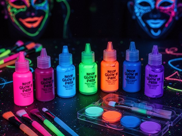 Neon UV face and body paint bottles in bright colors on mint background