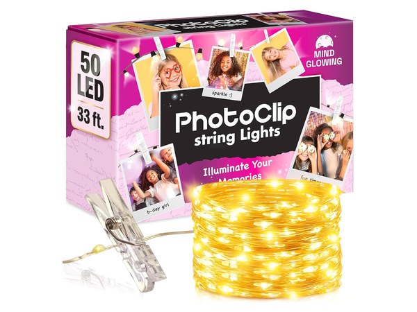 Warm white fairy lights with photo clips attached along the strand