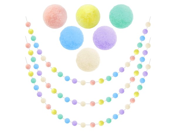 Pastel pom pom garland strands in soft spring colors