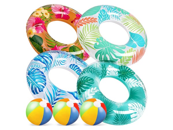 90shine 7 pack of colorful inflatable pool floats rings and beach balls