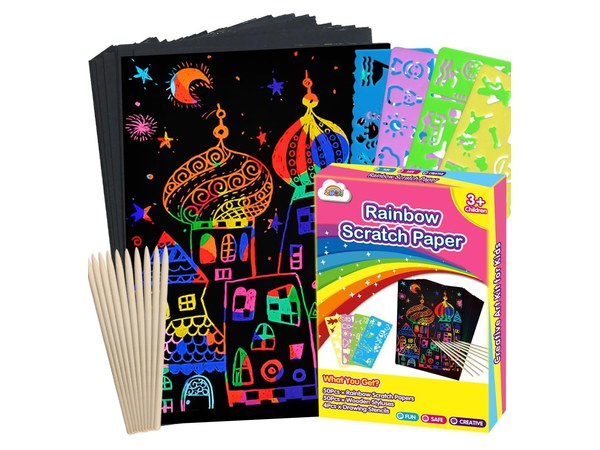 Rainbow scratch art paper sheets with a wooden stylus