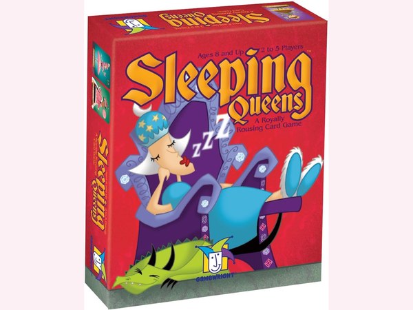 Sleeping Queens card game deck fanned out on a pink background