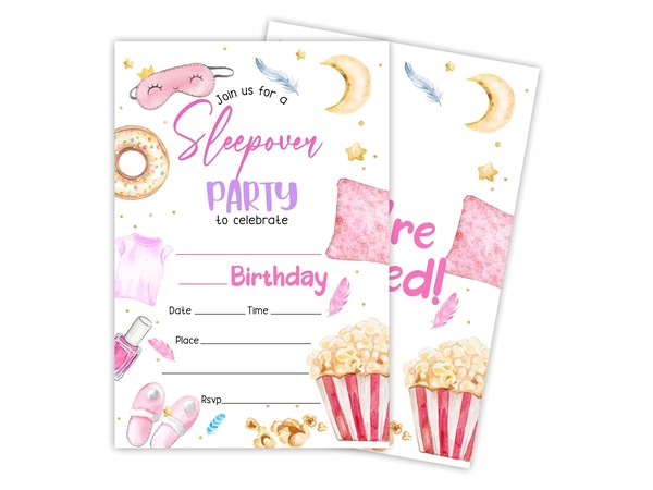 Watercolor slumber party fill-in invitation cards with envelopes