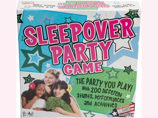 Sleepover Party card game box with spinner and challenge cards on a pastel background