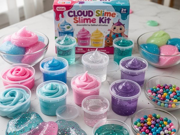 Colorful premade slime cups in a jumbo kit with glitter and foam beads