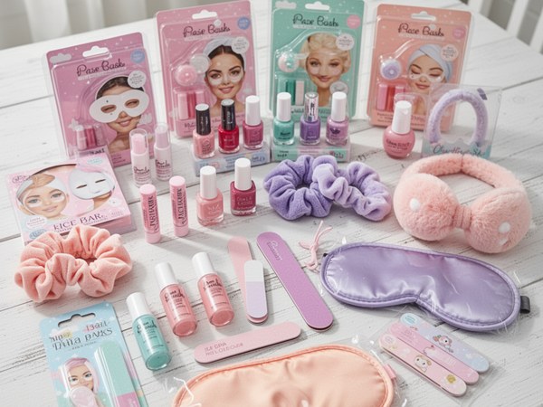 Set of spa party favor bags with headbands, scrunchies, mirrors, and cosmetic pouches