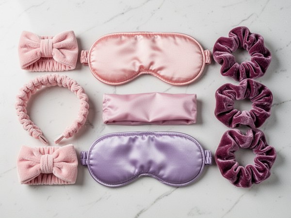 Pink spa headbands, silk eye masks, and velvet scrunchies arranged in a flat lay