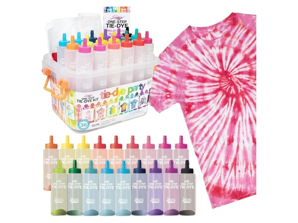 Tulip one-step tie dye kit with prefilled color bottles and a dyed shirt