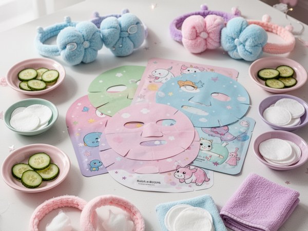 Unicorn-themed kids sheet face masks in colorful packaging fanned out on a pink surface