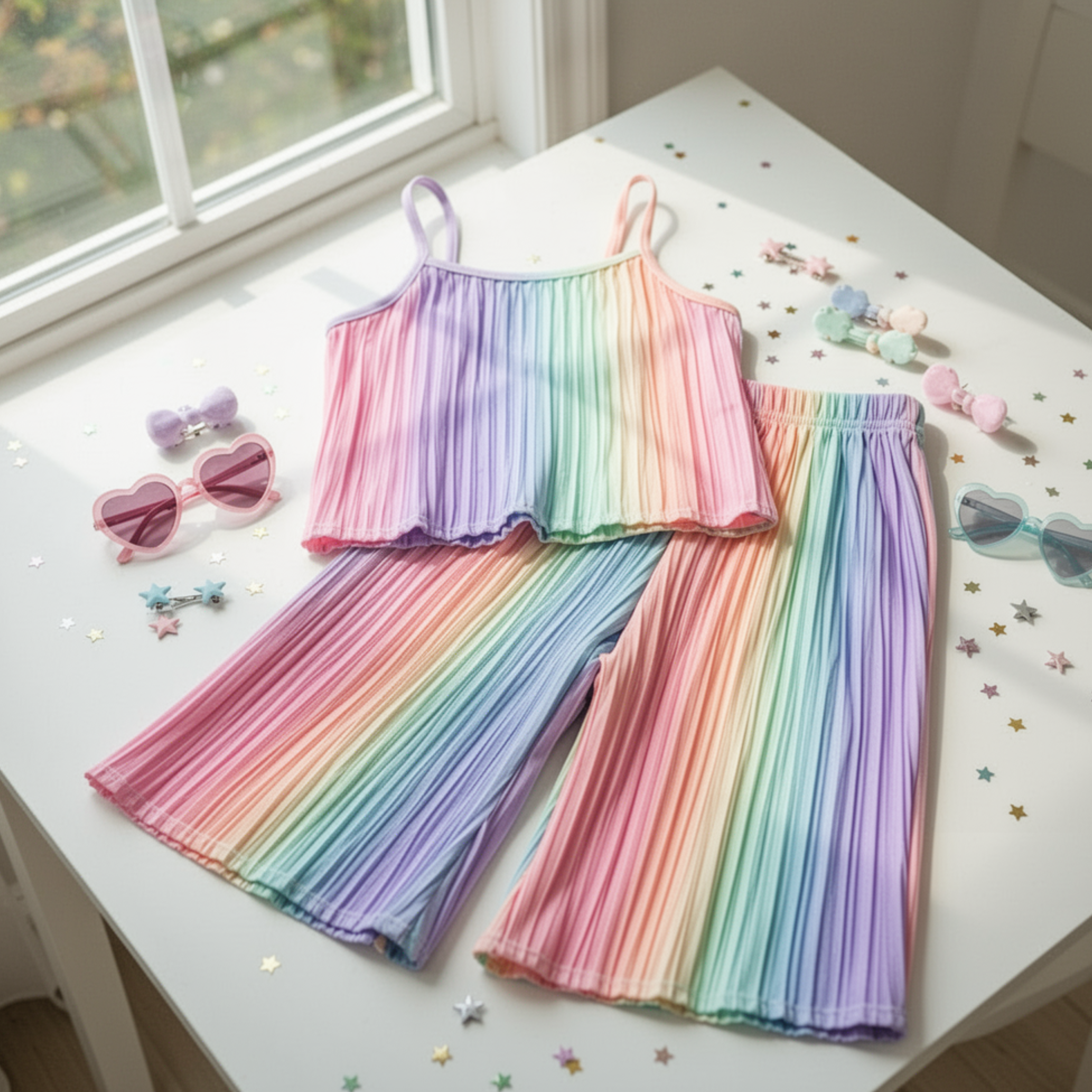 Soft pink unicorn camisole pajama set with rainbow print detail