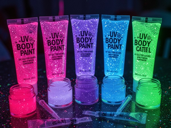 UV glitter body paint gel tubes in neon colors on dark background
