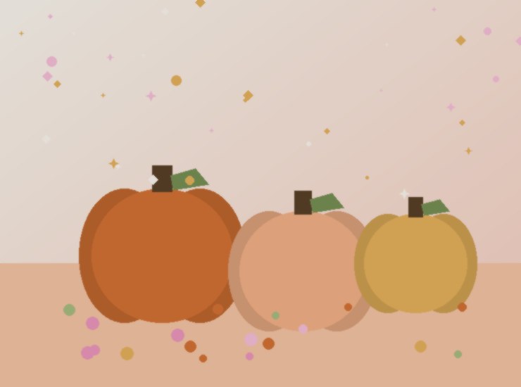 A pumpkin decorating station with pastel paints, gems, and small brushes laid out on a cream tablecloth