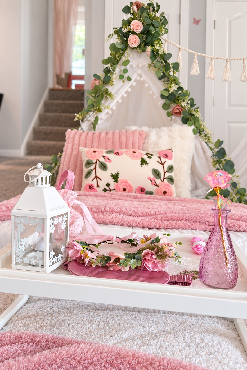 Real Sleepover Club styled tray with white lantern, flower crown, pink glass vase — Timonium MD