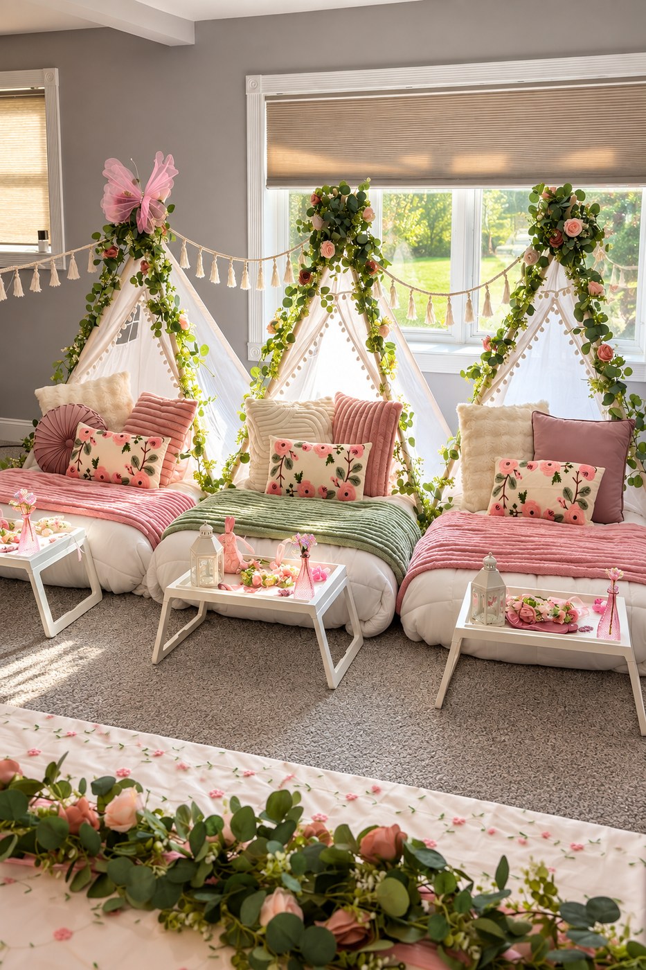 Three teepee sleepover party setup with butterfly, pink and sage florals, eucalyptus garlands, and personalized guest trays — Sleepover Club Timonium MD