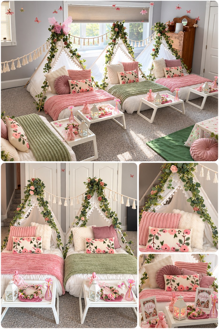 Real Sleepover Club four teepee party with personalized name signs Aldie and Madelyn, floral styling — Timonium MD