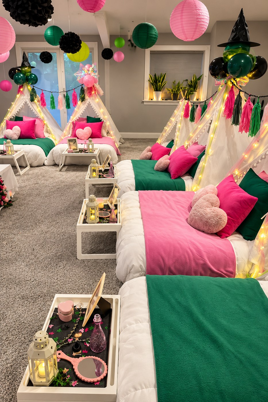 Real Wicked-themed sleepover with six teepees, black witch hats, pink and emerald green lanterns — Sleepover Club Timonium MD