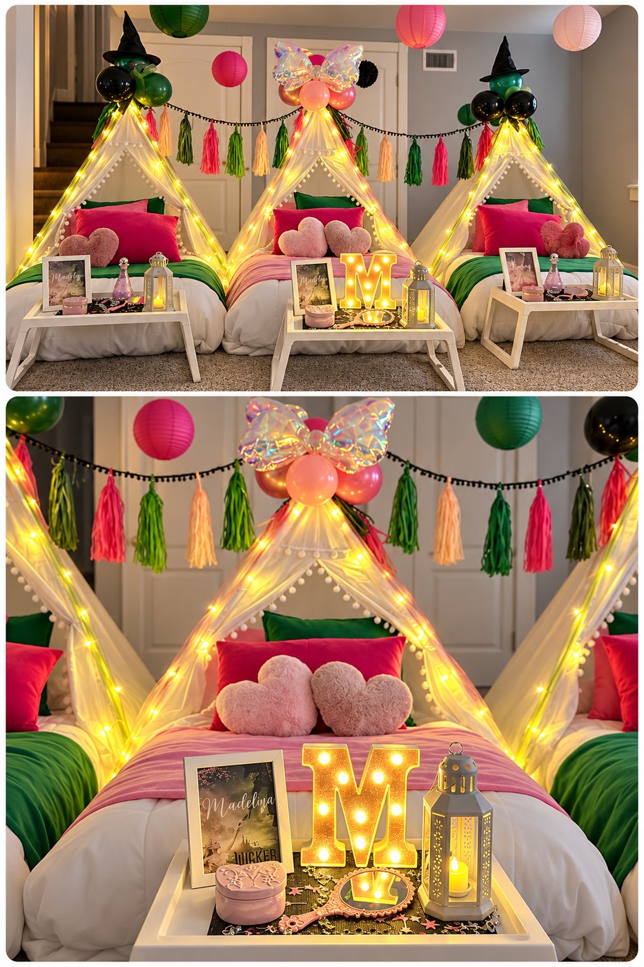 Real Wicked-themed sleepover with three teepees, witch hats, and marquee M for Madelina — Sleepover Club Timonium MD