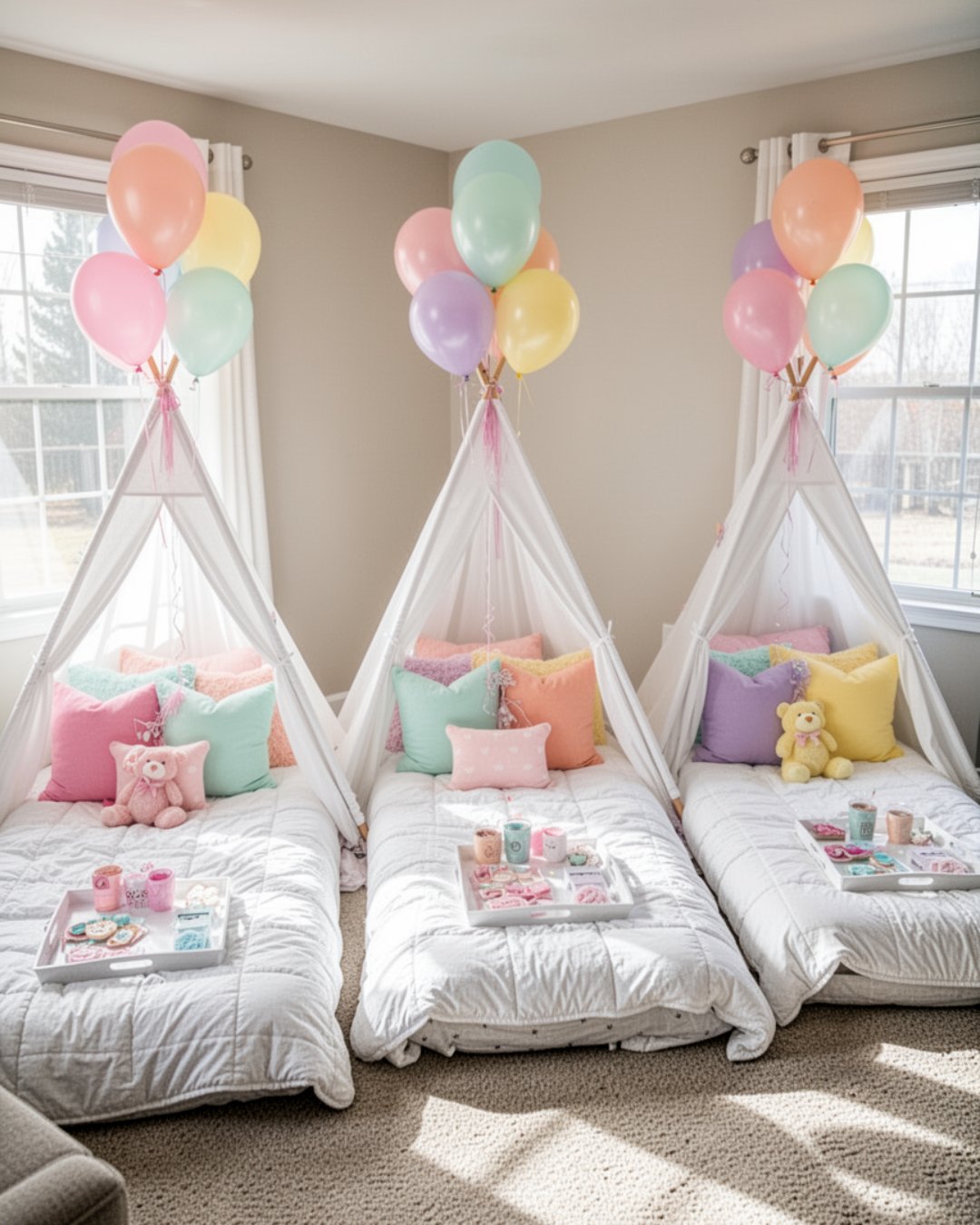 Teepee sleepover party rentals with colorful balloon bouquets and pastel bedding — Sleepover Club Baltimore County MD