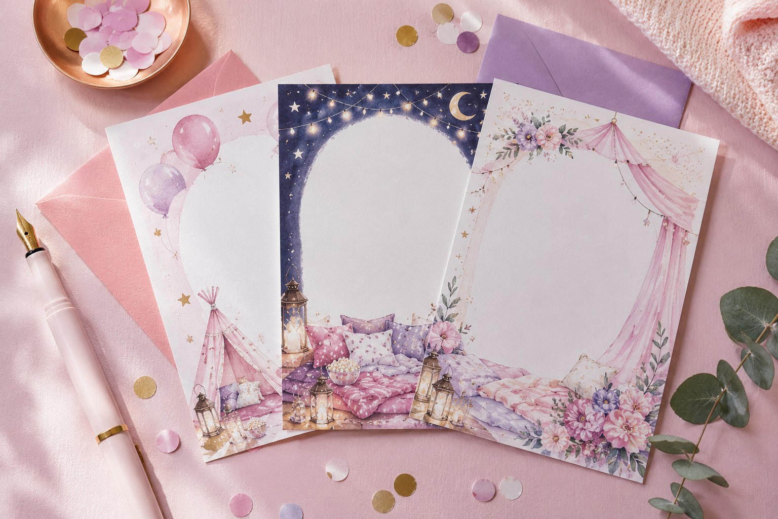 A girls sleepover birthday party invitation with fill-in details, gel pens, and stickers on a soft pink table