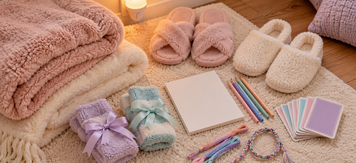 A group of young girls at a cozy themed sleepover with teepees and soft lighting