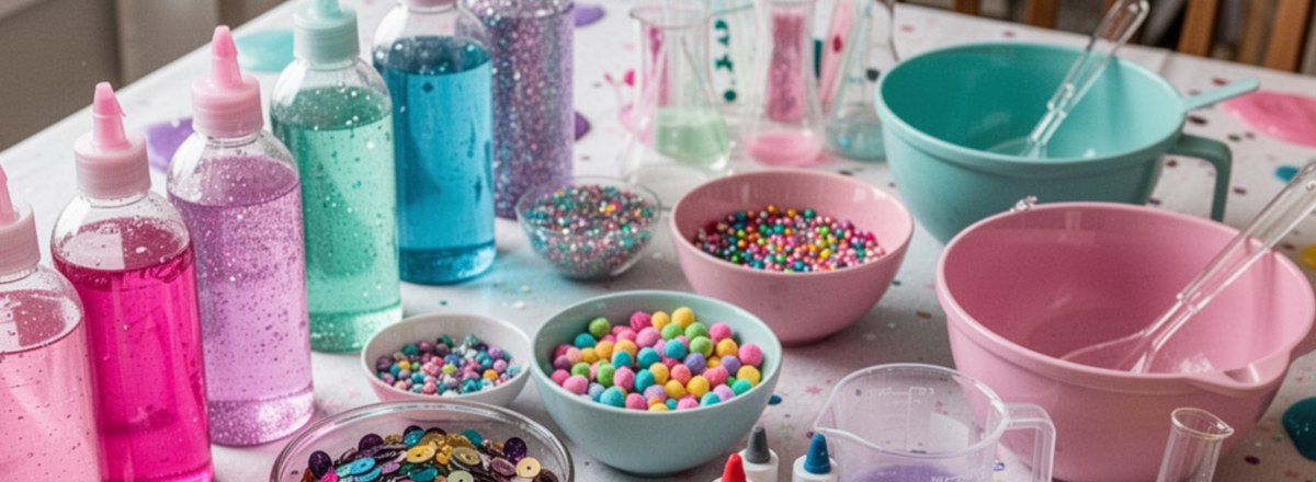 Colorful slime, bath bomb supplies, and crystal growing kits laid out on a table ready for a science sleepover party