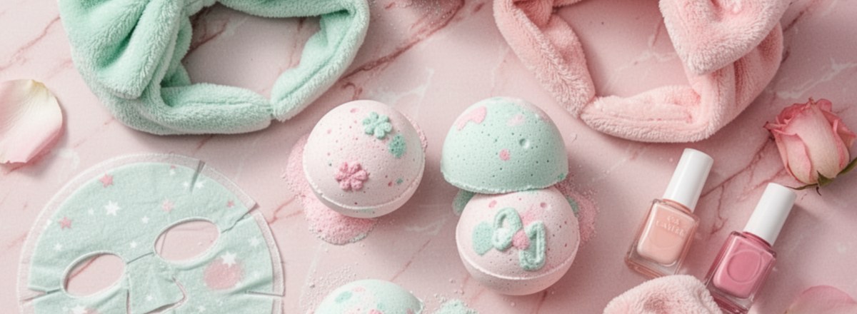 Spa sleepover setup with face masks, bath bombs, and pastel spa accessories on a pink backdrop