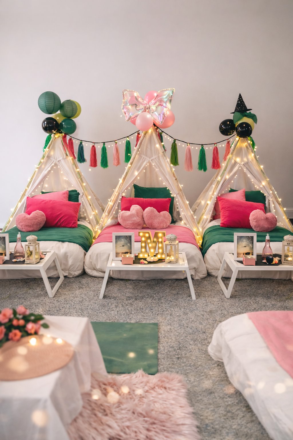 Three teepee sleepover party setups with green and pink bedding and balloon decorations — Sleepover Club Timonium MD