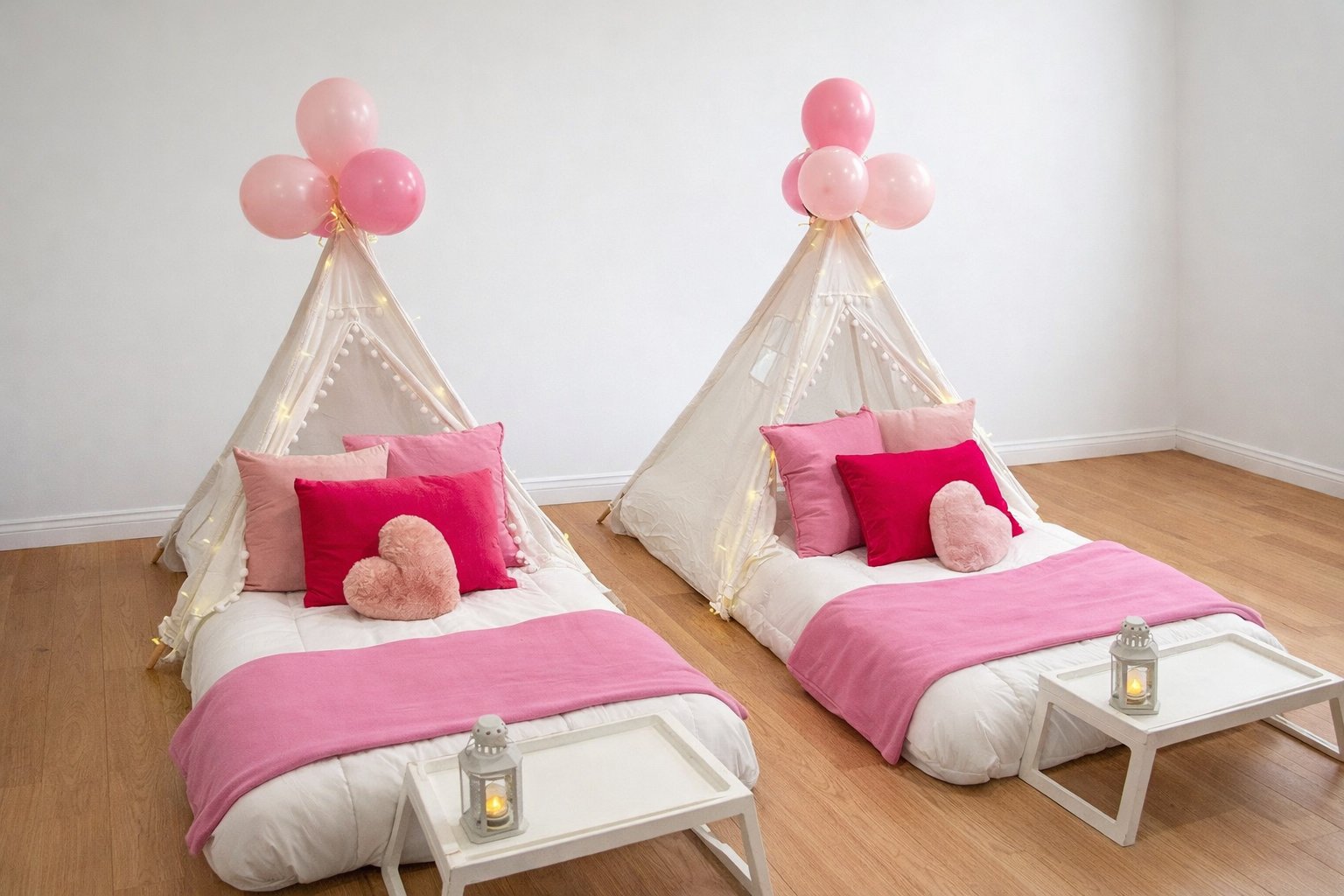 Two teepee sleepover party setups with pink balloon bouquets and fairy lights — Sleepover Club Timonium MD