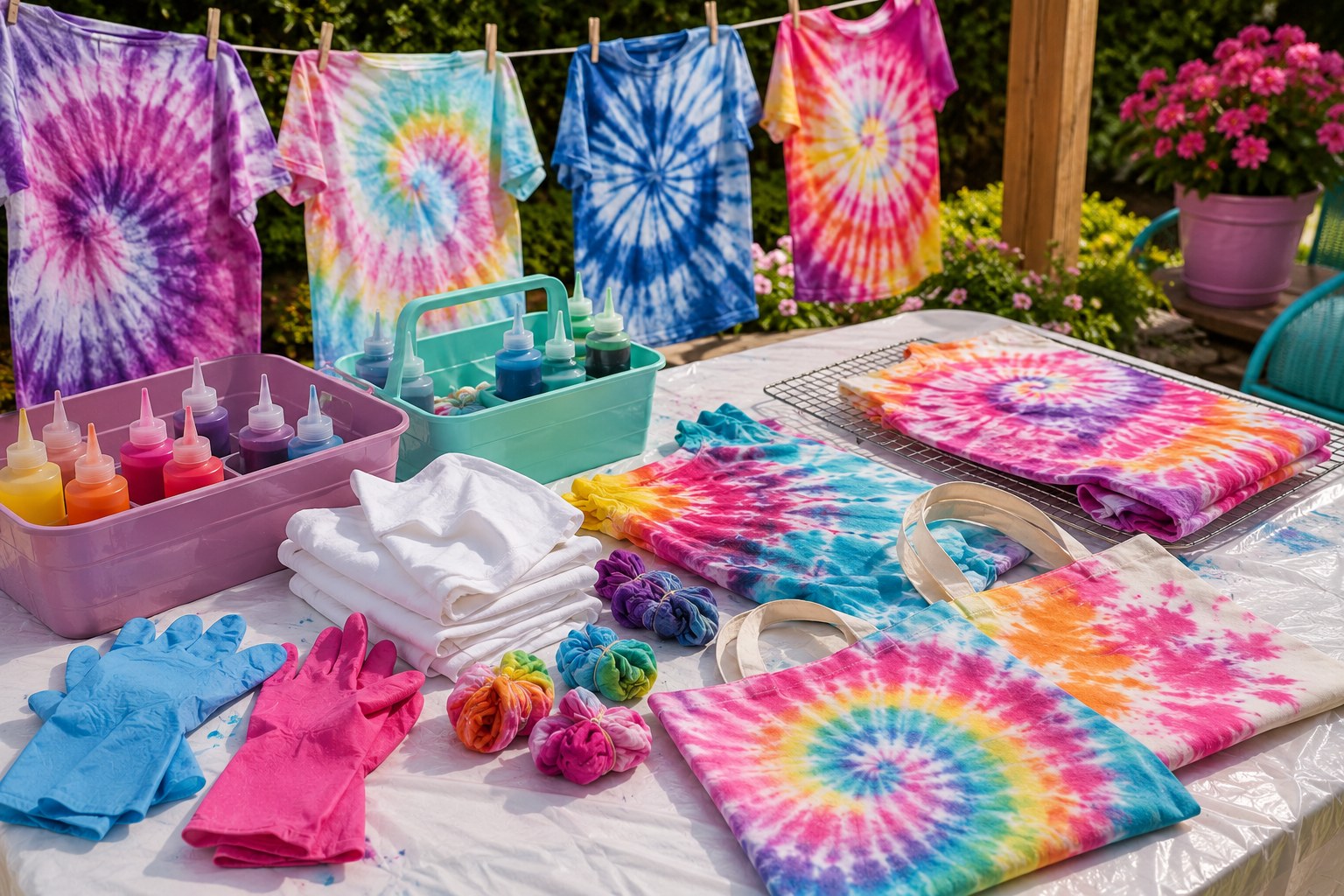 A backyard tie-dye station with dye bottles, gloves, and white shirts ready for a girls sleepover