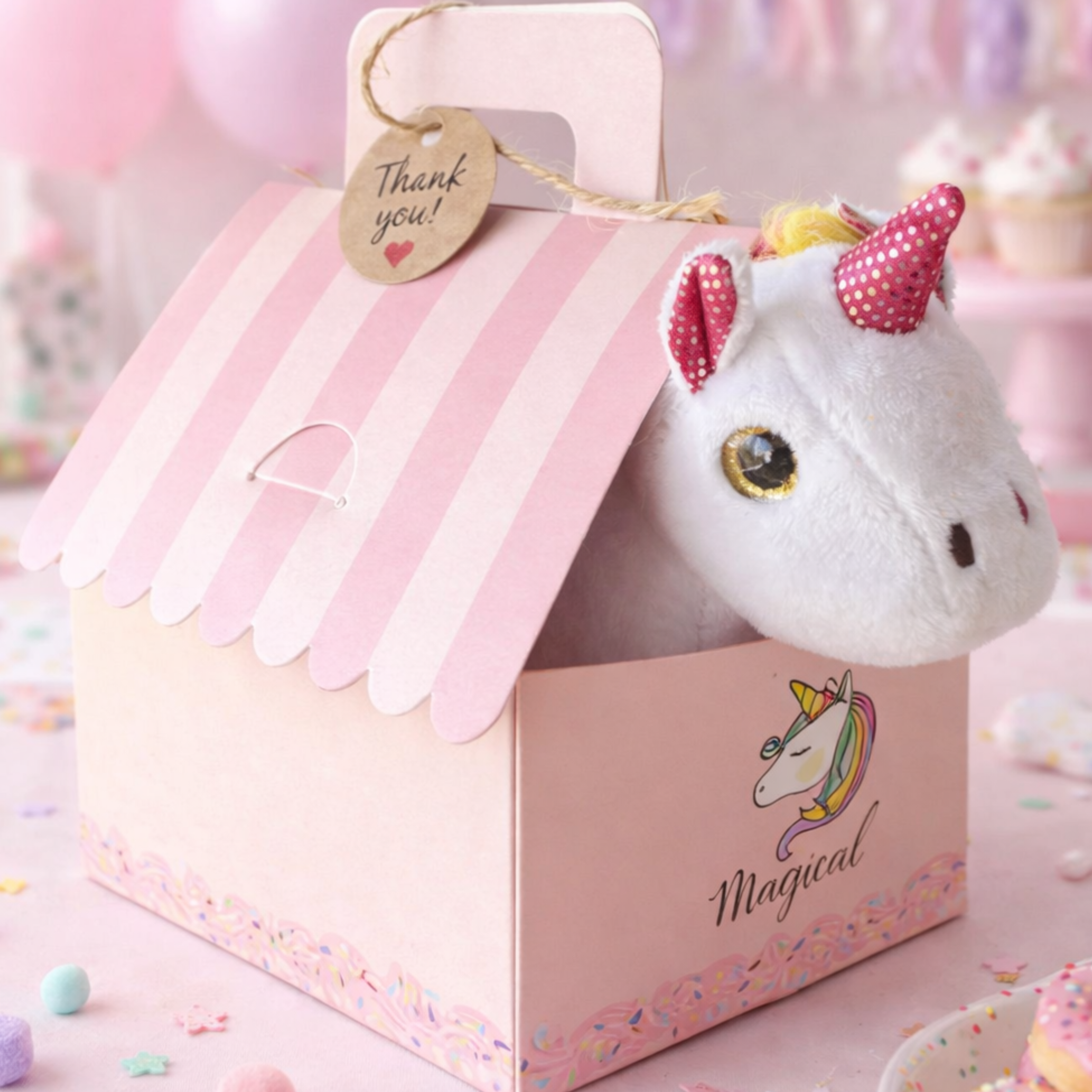 Adopt-a-Unicorn activity setup with stuffed unicorn figures and name cards