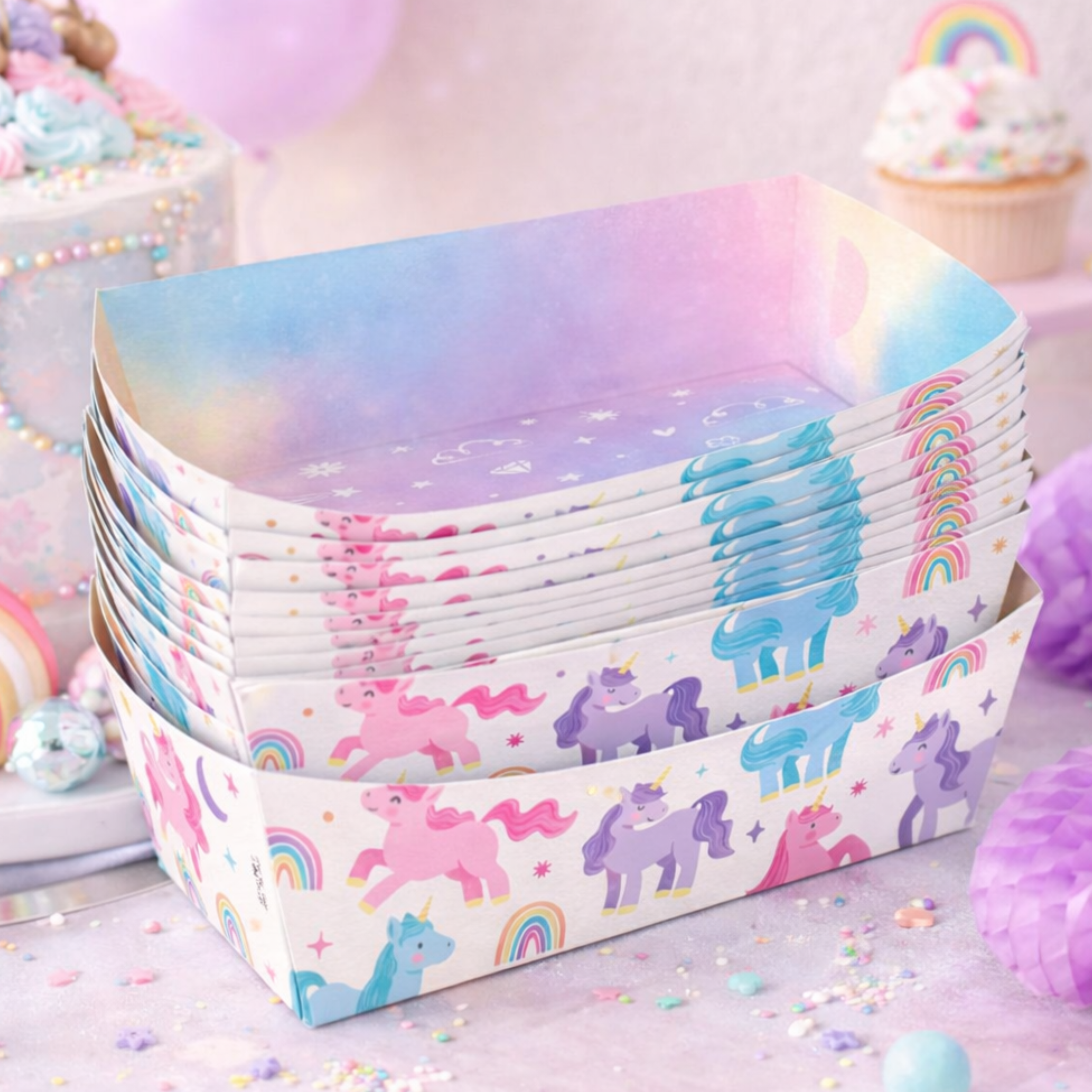 Unicorn-themed snack tray and holder for a party table
