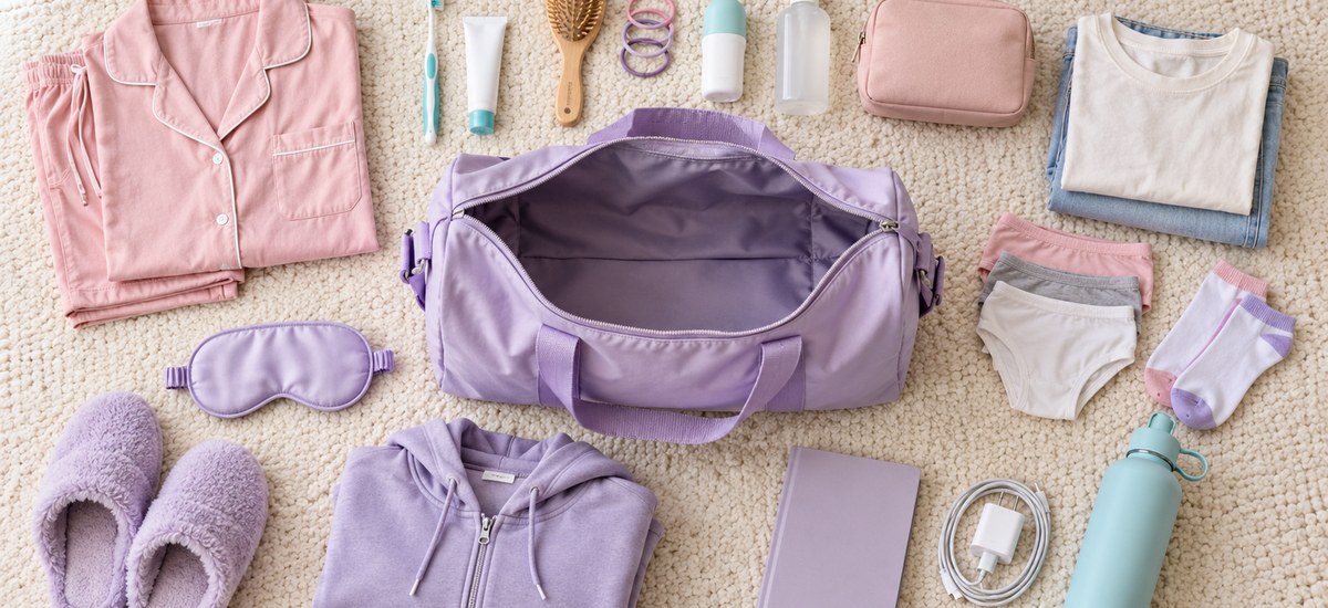 A pastel sleepover packing flat lay with pajamas, toiletry bag, sleep mask, and water bottle